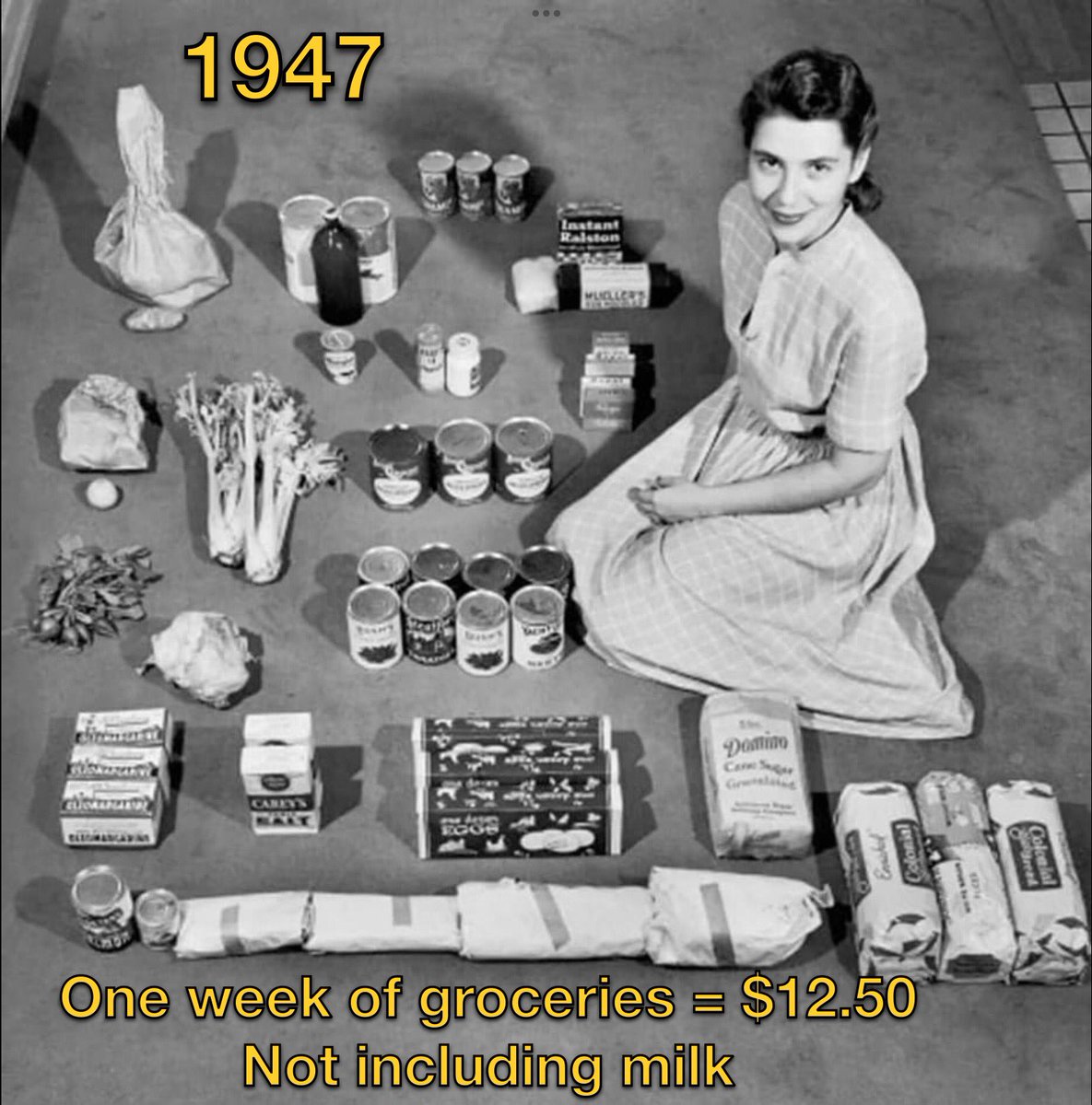 ✳️The year was 1947 and this homemaker bought a week’s worth of groceries for $12.50. That didn’t count the milk because I guess the milkman still delivered back then. 💥So when you bought groceries last week in this economy rife with Bidenflation, what did it cost you?
