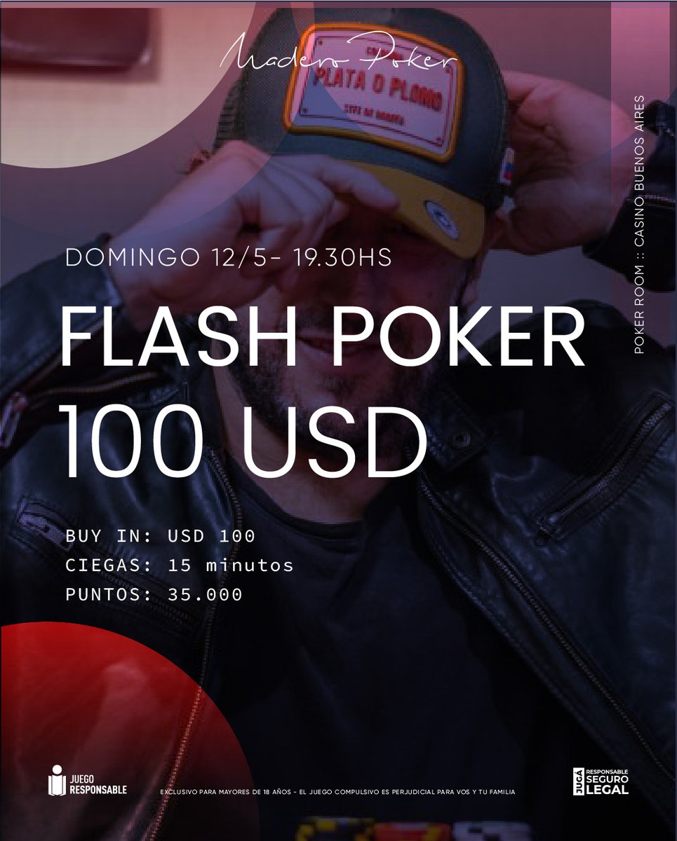 👉 ¡AGENDALO! 
Toda la INFO del torneo FLASH USD 100 👇 19:30 HS.
💸Buy In: USD 100
🎯Puntos: 35.000
⏰Ciegas: 15 MINUTOS
🔁Re Entry: 8VO

#poker #torneodepoker #juegoresponsable #juegolegal