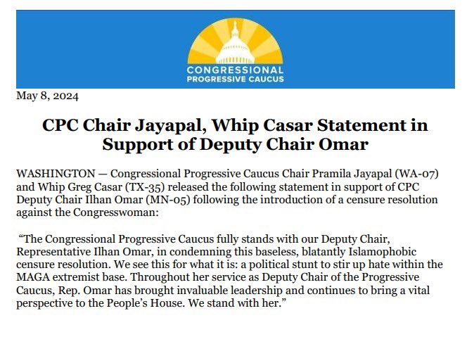 The Congressional Progressive Caucus fully stands with our Deputy Chair @Ilhan Omar: