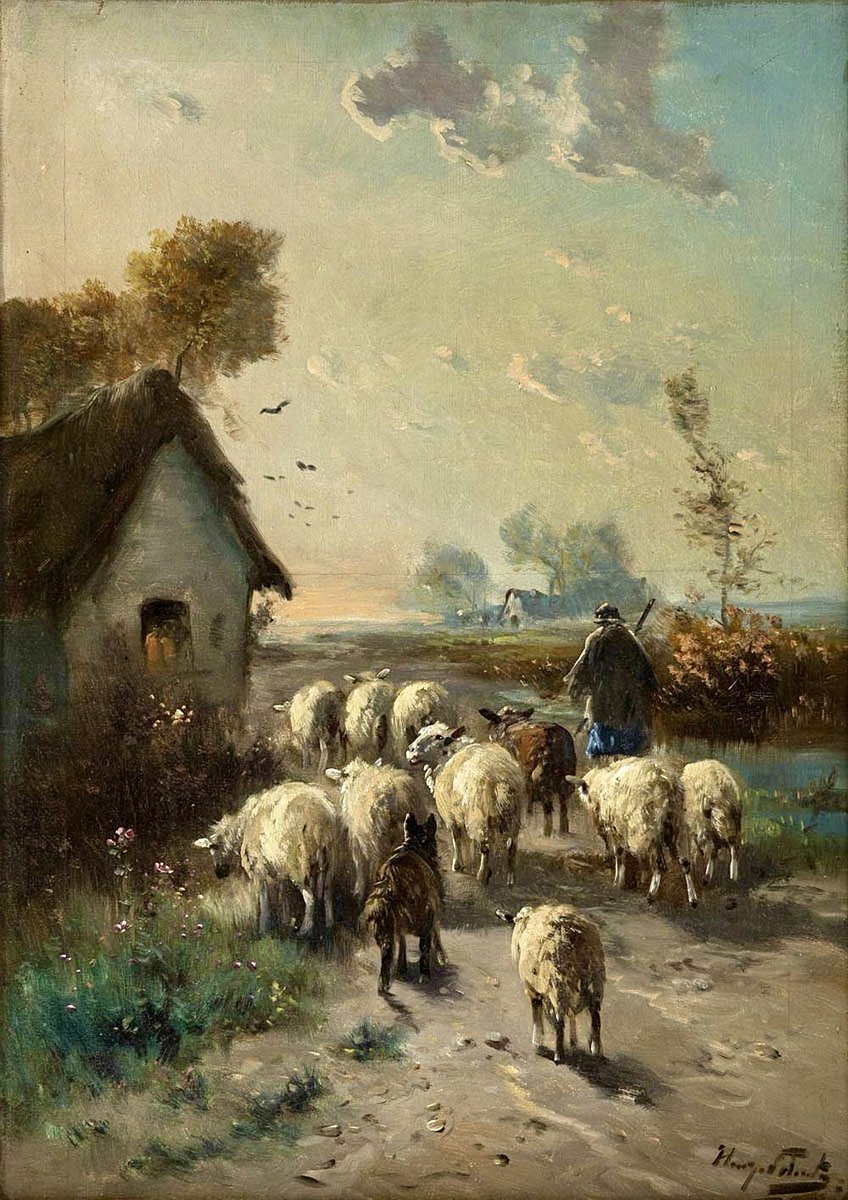 HENRY SCHOUTEN Pintor Belga 1857-1927 Óleo s/ Lienzo - 73 x 51 cm 'Pastor con Ovejas al Atardecer'