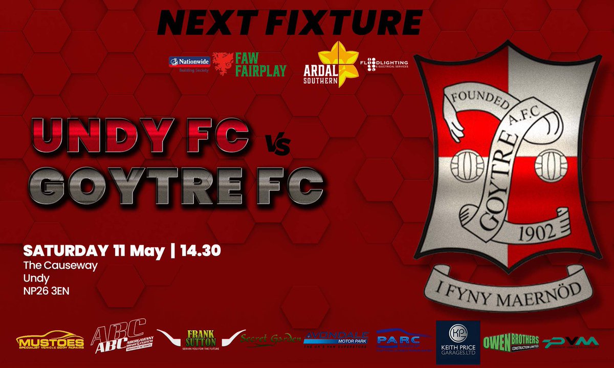 ⚽️⚽️⚽️Next Match!⚽️⚽️⚽️

⚽️@UndyAFC 🆚@GoytreFC 

📅 Saturday 11th May

🏆 @ArdalSouthern 

🏟️ The Causeway

⏰ 14:30

@NonLeagueCrowd

#wmfp #undyathletic #goytre #uafc #gfc #ardalsouthern #undy
#monmouthshire #wales #PÊLDROED #football #nonleaguefootball #groundhopping