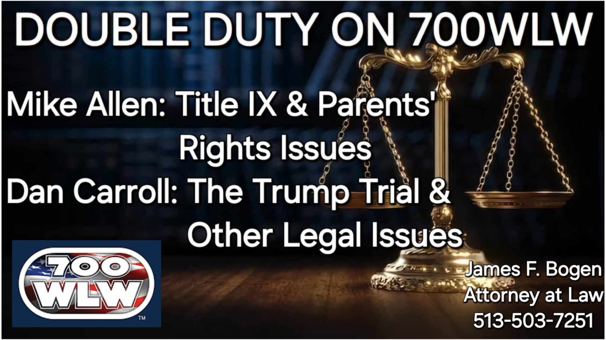 Very much enjoyed today's double header on @700wlw! A.M. segment w/ Mike Allen about Title IX & parents' rights issues starts at 17:49- iheart.com/podcast/71-mik… P.M. segment w/ Dan Carroll about the Trump trial & other legal issues starts at 2:39- iheart.com/podcast/71-700… 📻⚖️🇺🇸