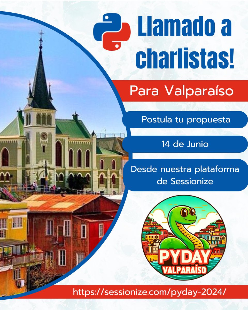 ¡Comparte tu pasión por Python en PyDay Valparaíso! 🚀🐍 ¡Regístrate como charlista antes del 24 de mayo en Sessionize y envía tu propuesta! ¡No pierdas la oportunidad de ser parte de nuestro evento! sessionize.com/pyday-2024/ 🌟