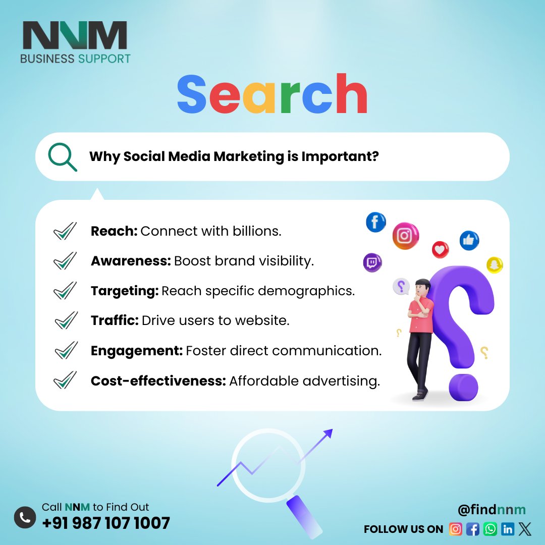 WHY SOCIAL MEDIA??

🌟 Reach billions,
🌟boost brand visibility,
🌟target specific demographics,
🌟drive traffic,
🌟foster direct communication,
🌟all with cost-effective advertisin
🚀Ready to elevate your brand's presence? Let's connect! #whysocialmediamarketing #DigitalStrategy