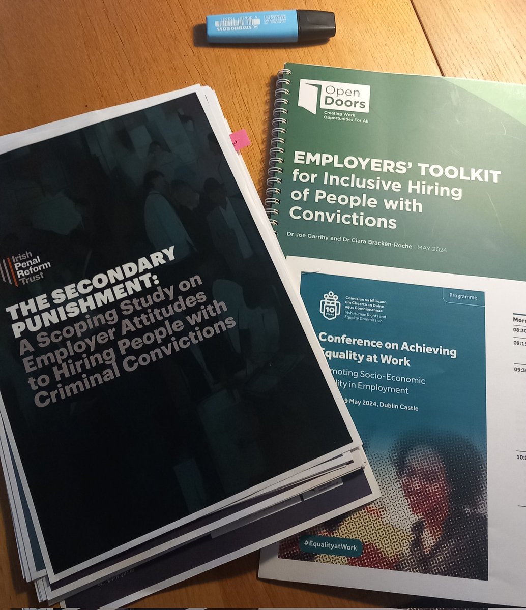 Bit of quality cramming 📚 in advance of @_IHREC Conf #EqualityatWork at Dublin Castle tmrw - looking forward to speaking w/ @saoirse_b @SpeireNua @OpenDoorsToWork @SodexoUK_IRE @DeptJusticeIRL on ways to support People With Convictions accessing and progressing in employment 🎗