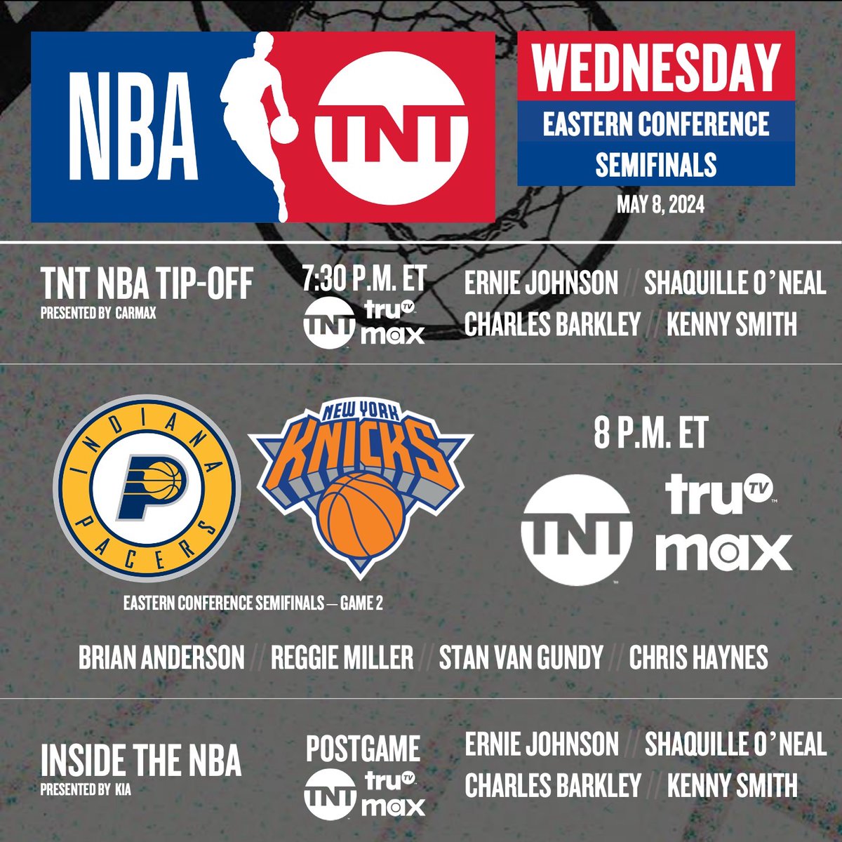 The stage is set for an electrifying showdown between the Indiana Pacers and the New York Knicks! Catch every moment of the action starting at 7:30 PM ET on @NBAonTNT and @SportsonMax! 🏀 #NBAPlayoffs