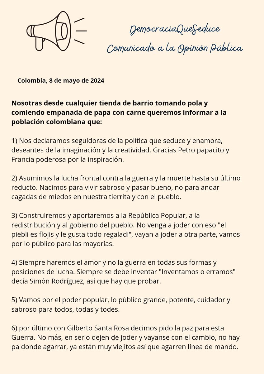 A tantos comunicados de muerte y odio, nosotras las mujeres populares deseosas de cambio y placer emitimos nuestro comunicado a la opinión pública 💋💋💋 <a href="/petrogustavo/">Gustavo Petro</a>
<a href="/FranciaMarquezM/">Francia Márquez Mina</a> #DemocraciaQueSeduce
#PetroBizcocho
#FranciaMamasita