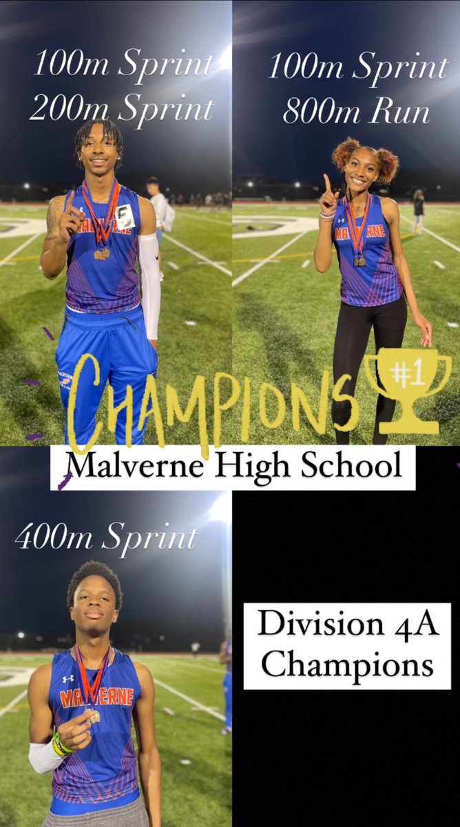 Spring Track and Field Division 4A Champions. Nicea Jones 100 and 800 meters. Keshawn Pinnock 100 and 200 meters. Ricardo Ricketts Jr. 400 meters. #gomules #track @MalverneHS @MalverneUFSD