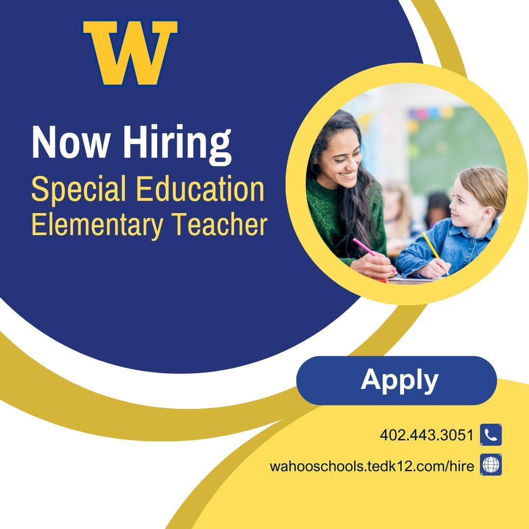Wahoo Public Schools is looking for an elementary special education teacher for the upcoming school year. Help spread the word! 
➡️Learn more about the position: buff.ly/4d5smmd
➡️Apply: buff.ly/3Qd7ekg 
#ExcellenceEverywhere #WahooWarriors #nowhiring #teacherjobs