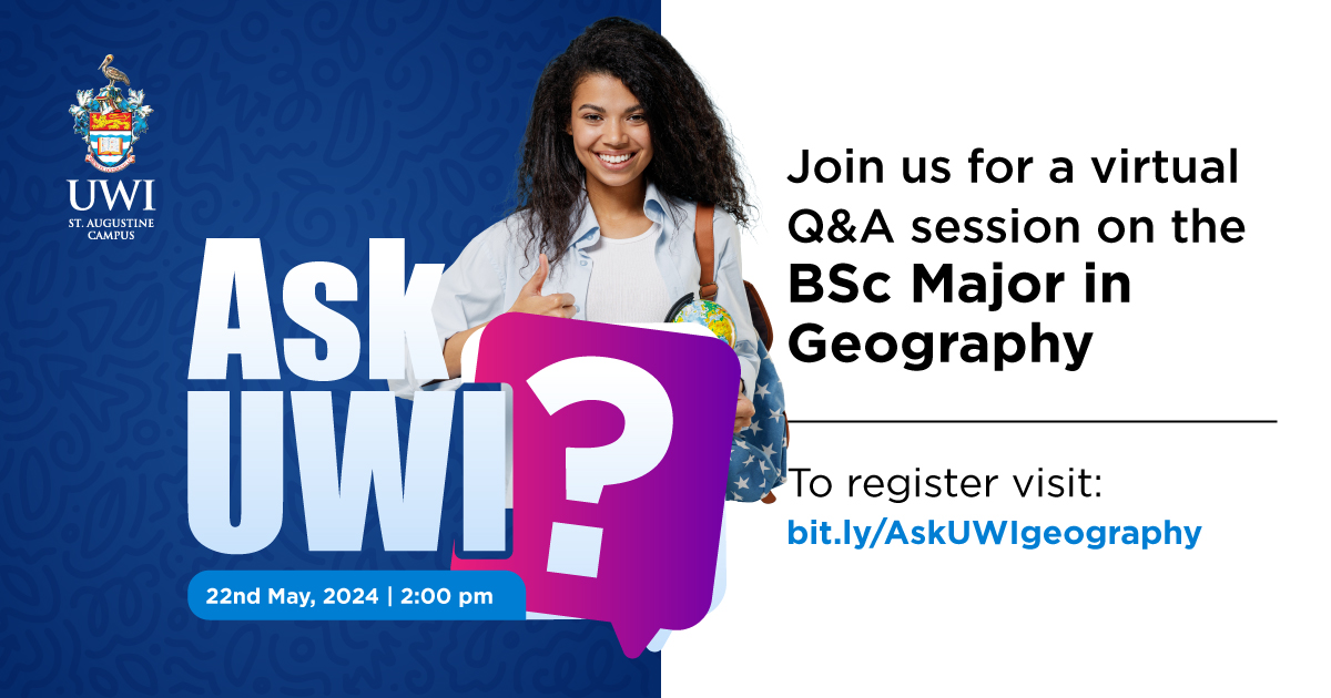 Save the date for Wednesday, May 22nd, 2024, at 2pm as we bring you an interactive Q&A session via Zoom: ‘Ask UWI about the BSc. Major In Geography’. Don’t miss the opportunity to directly engage with experts in Geography. Click the link to Register: bit.ly/AskUWIgeography