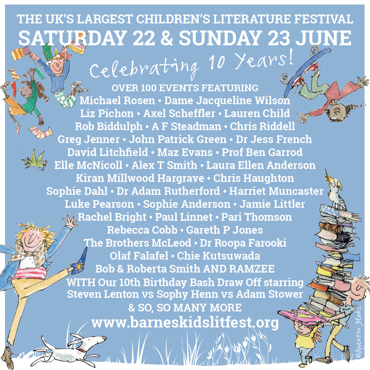 Have you checked out our galactic 10th birthday party line up here at UK's biggest kids' books festival on Saturday 22 & Sunday 23 June because we literally programme it so that it doesn't fit on this poster!?👇Don't miss out! barneskidslitfest.org/whats-on/