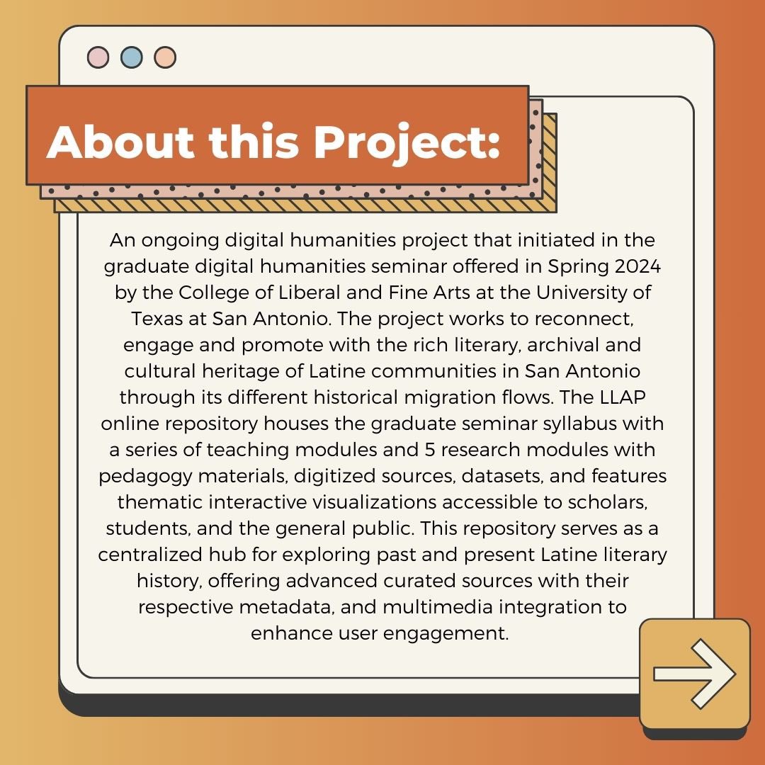UTSA_CEDISH's tweet image. We wanted to congratulate the Spring 2024 Latina/o/x Literature &amp;amp; Archives through Digital Humanities Class on the creation of the San Antonio Latine Literature and Archive Project!

Access here: sanantoniollap.omeka.net/about

#BorderlandsDH #PublicDigitalHumanities #DigitalHistory
