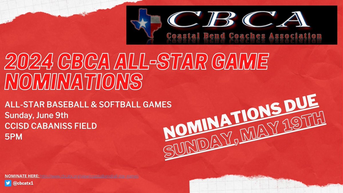 Coaches, All-Star Baseball/Softball Nominations are now open. Please nominate your deserving seniors at our website cbcatx.org Nominations end May 19th. Game will be June 9th at Cabaniss Field. @ChrisThomasson7 @CallerSports @LarissaLiska @Caller_Len @qmartinez
