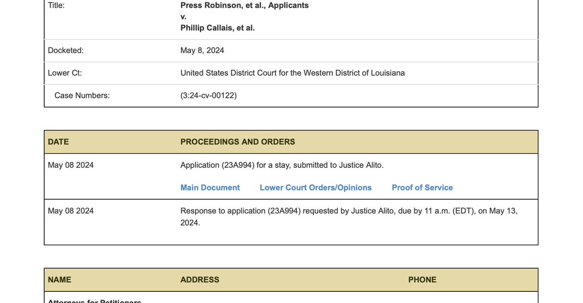 UPDATE: Justice Alito has given the white plaintiffs in the Louisiana racial gerrymandering case until Monday, 5/13 at 11 a.m. ET to respond to Black VRA plaintiffs' request for a stay pending appeal.