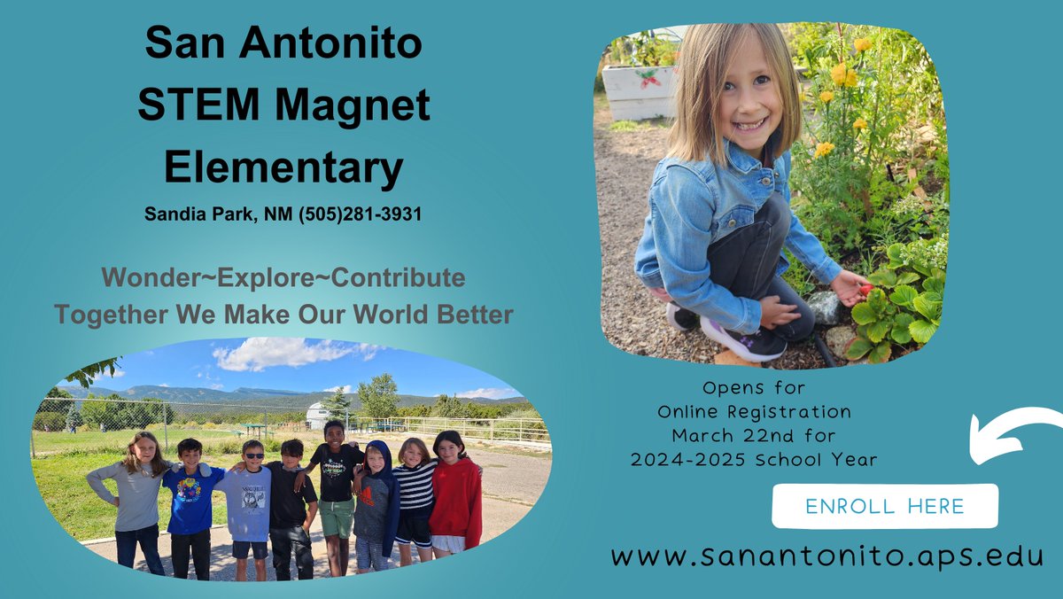 San Antonito STEM Magnet Elementary (@sasmstem) on Twitter photo Register your child for the next school year on our website. Transfer families will be invited to get on a waitlist. If we are your address-assigned school, sign up for the 24-25 school year. For both options, go to: sananonito.aps.edu
<a href="/ABQschools/">Albuquerque Public Schools</a> <a href="/APSinnovates/">APS Office of Innovation</a> #STEMmagnet Register your child for the next school year on our website. Transfer families will be invited to get on a waitlist. If we are your address-assigned school, sign up for the 24-25 school year. For both options, go to: sananonito.aps.edu
<a href="/ABQschools/">Albuquerque Public Schools</a> <a href="/APSinnovates/">APS Office of Innovation</a> #STEMmagnet