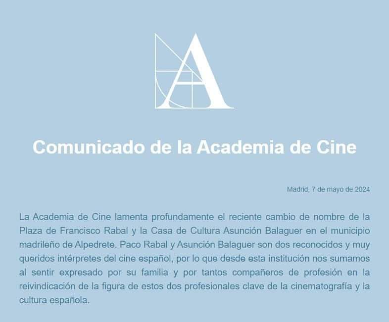 Me alegro de este comunicado de la @Academiadecine en apoyo a la familia Rabal.