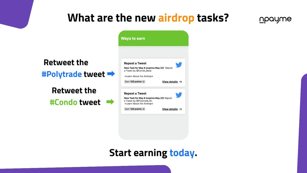 📢 Shoutout to the @Condo_Base and @Polytrade_fin communities. 🪂 You can earn #airdrop points by liking + retweeting #Condo and #Polytade tweets! ✅ That's right, like-to-earn just dropped! Look for the big green button. ➡️ npayme.com/airdrop