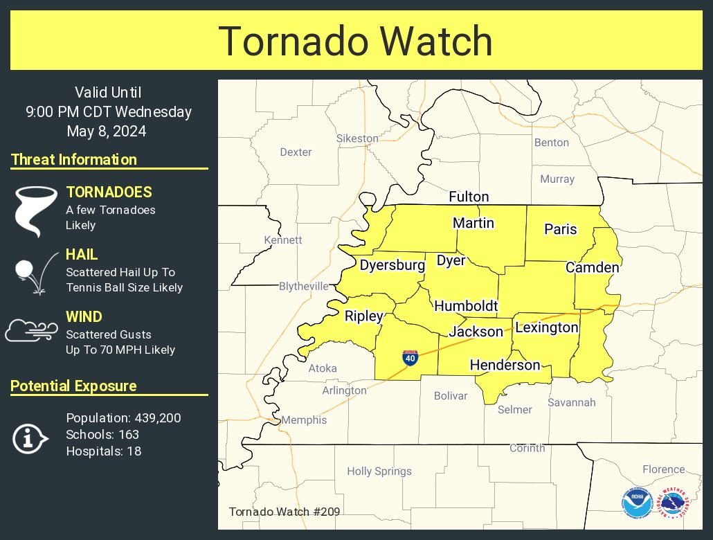 A tornado watch has been issued for parts of Tennessee until 9 PM CDT
