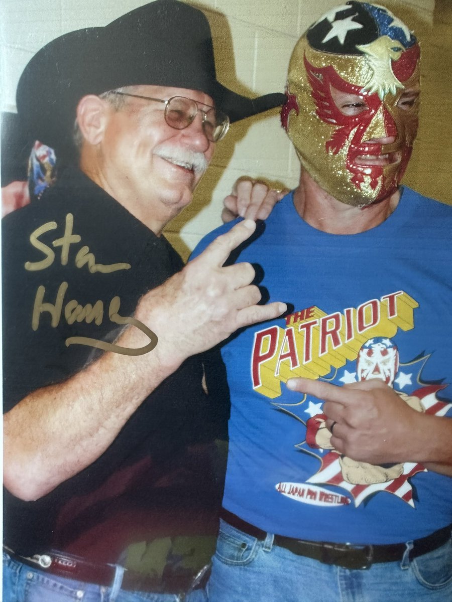 Just got this back from @SuperstarSigned This is my shot and I believe the last one taken of my brother @DELWILKES and his long time friend Stan Hansen. In the video on @YouTube Stan had kind things to say about the man that is my brother and that he is missed. I’m grateful