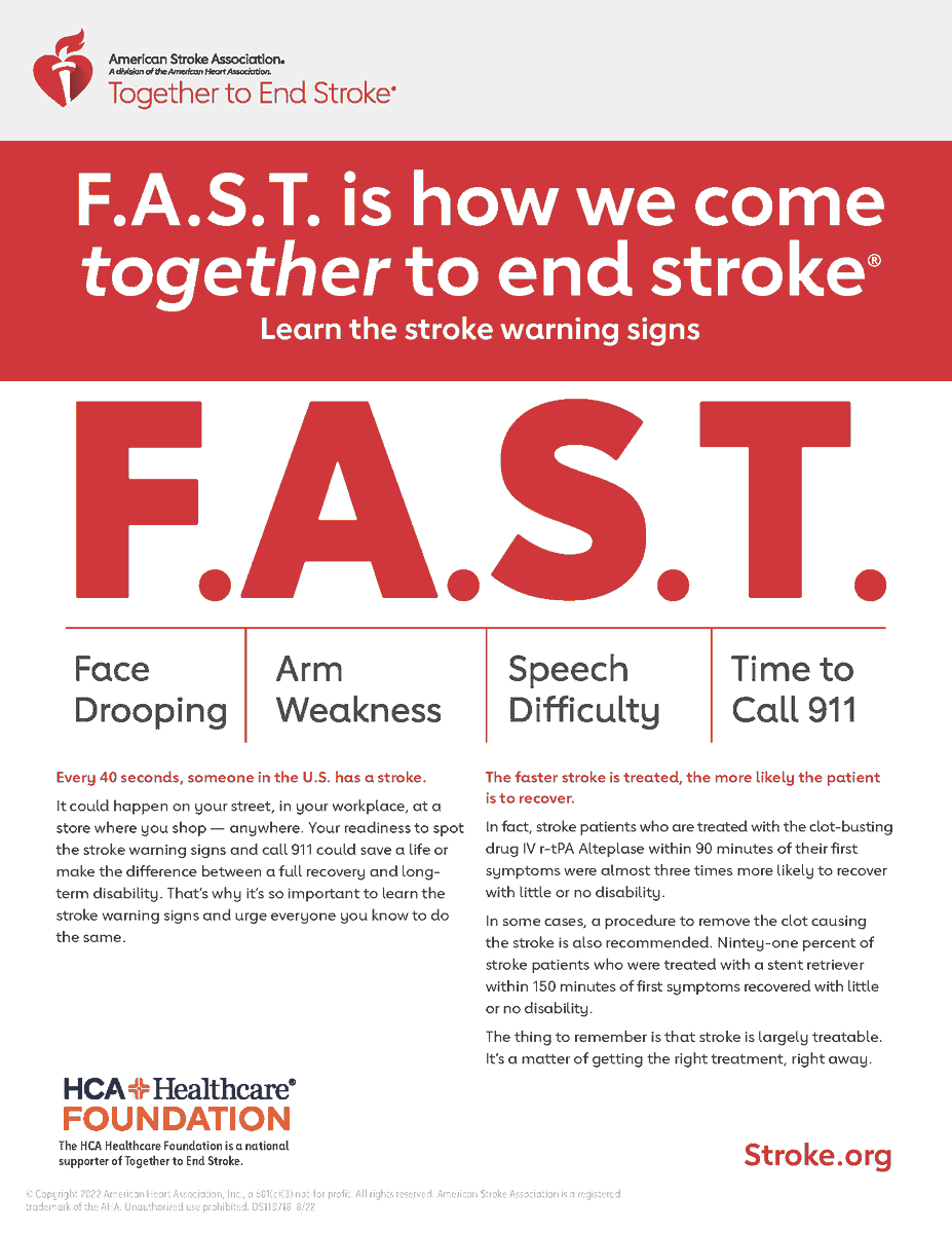 ffxfirerescue's tweet photo. May is National Stroke Awareness Month. Every 40 seconds, someone in the U.S. has a stroke. Your ability to spot stroke warning signs and call 911 could save a life. Learn the stroke warning signs F.A.S.T. The faster stroke is treated, the more likely the patient is to recover. https://t.co/ktugqWqKJi
