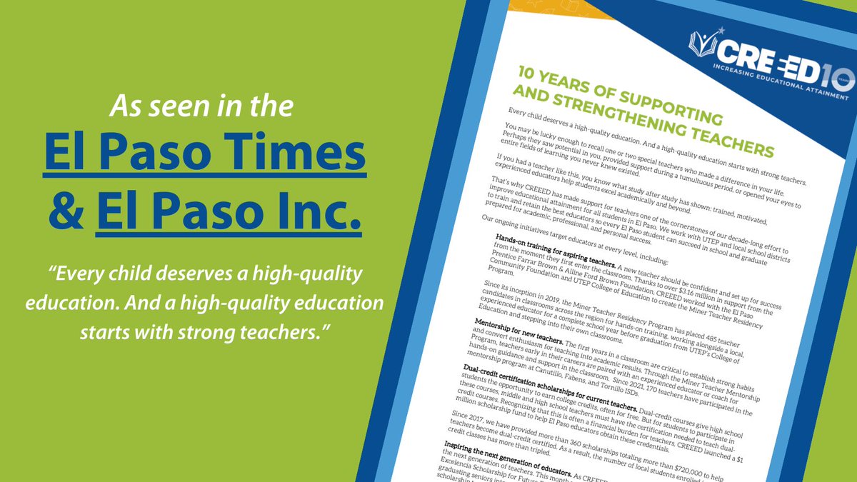 For 10 years, we've made support for teachers one of the cornerstones of our efforts to improve educational attainment for all students in El Paso.

Read more about our commitment & a preview of what’s to come in today’s @ElPasoTimes & @ElPasoInc issues🗞️ 

#10YearsOfCREEED