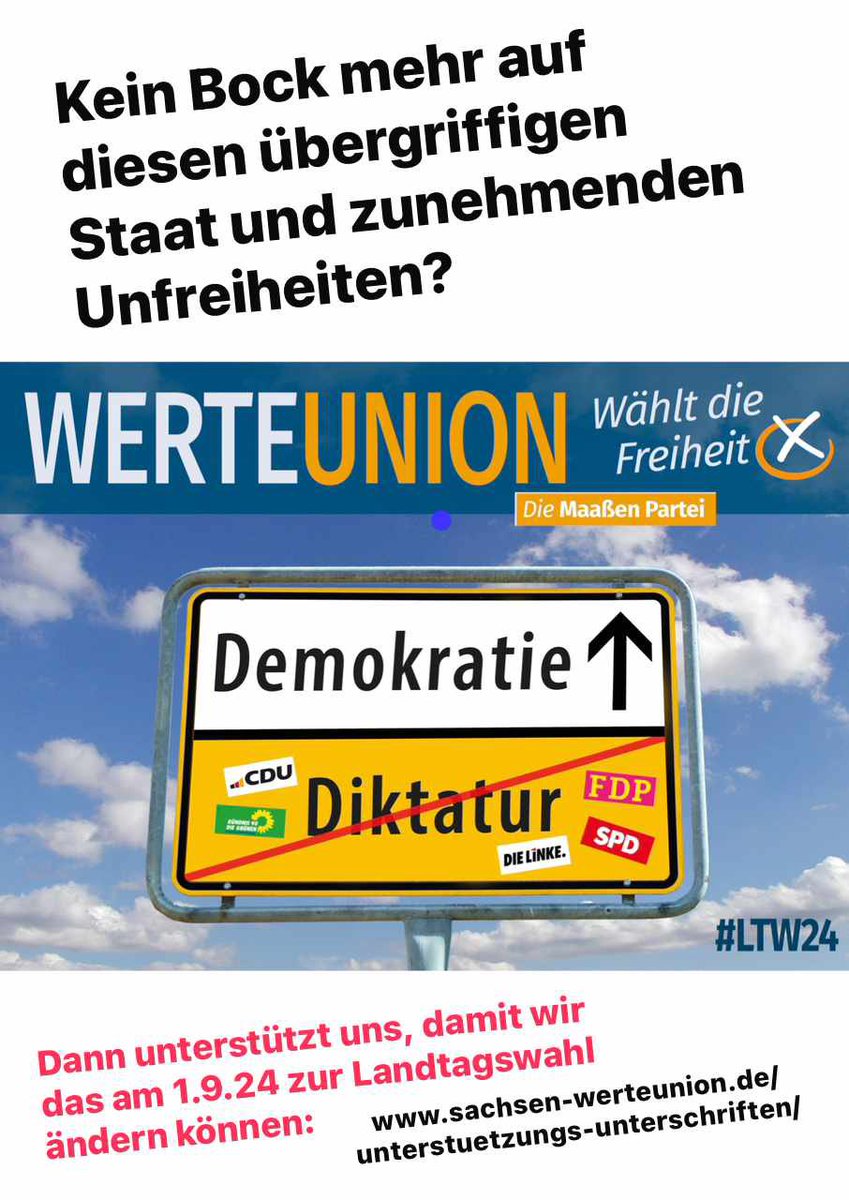 Ich hoffe auf Eure Unterstützung. Damit wir diese undemokratischen und kriegsfanatischen Ampel- und CDU-Sozis in Sachsen endlich aus dem Amt jagen. Hier findet Ihr Näheres, wie Ihr uns unterstützen könnt, wenn man mind. seit 3 Monaten mit seinen Hauptwohnsitz in Sachsen gemeldet