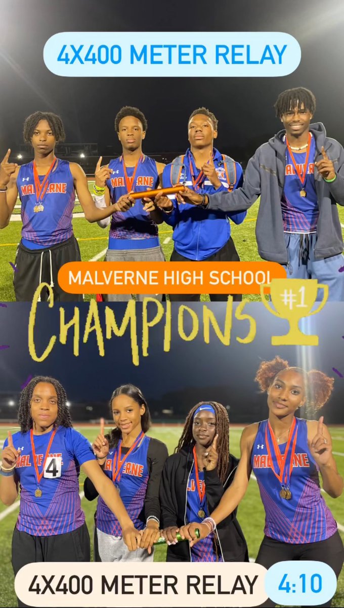 Spring Track and Field Division 4A Champions. Girls 4x400 Relay - Johnson, Jones, Green, and Olaniyan. Boys 4x400 Relay - Blue, Haye, Torres, and Ricketts Jr. #gomules #track @MalverneUFSD @MalverneHS