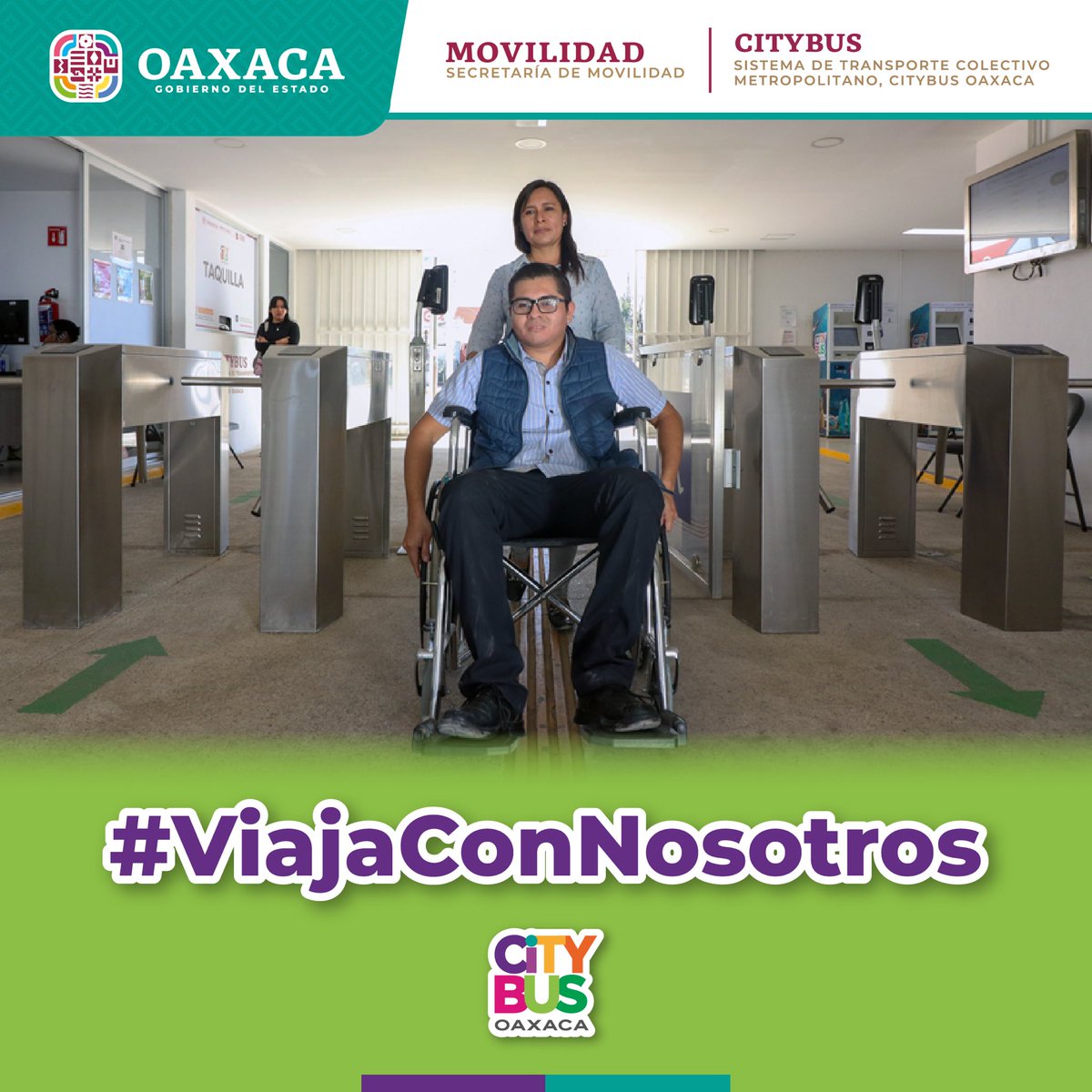 Las unidades del @Citybus_GobOax son inclusivas, al contar con rampas de ascenso y descenso para personas usuarias en silla de ruedas y con movilidad limitada. #ViajaConNosotros