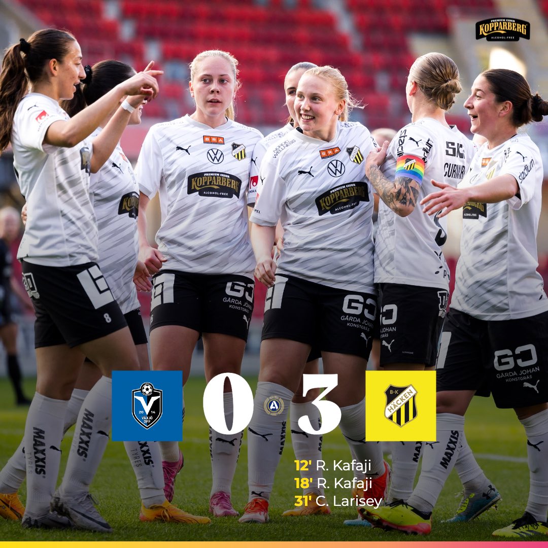 Tre mål och tre poäng hem till Hisingen 🐝 Kvällens match slutar i en gulsvart 3–0-seger på Visma Arena i Växjö. Nästa vecka, på måndag gästas BK Häcken av FC Rosengård – vi ses då 💛🖤 #bkhäcken