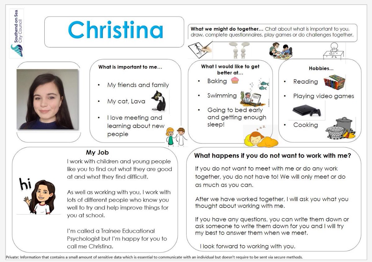 EpsSouthend's tweet photo. Our Trainee Educational Psychologist, Christina, has created this #OnePageProfile to share with the schools and children we are working with. We have received lots of positive feedback about them! #TwitterEPs #EduTwitter https://t.co/hQFQFFSg0P