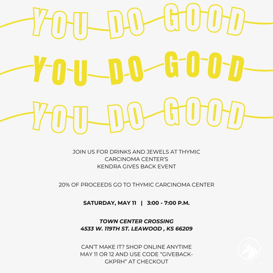 ✨ Shine bright, do good ✨ Thymic Carcinoma Center invites you to our Kendra Gives Back Event on Saturday, May 11 from 3:00-7:00 pm at the Kendra Scott in Town Center Crossing. 

#ThymicCarcinomaCenter #KendraGivesBack #shopforacause #kansascityevent