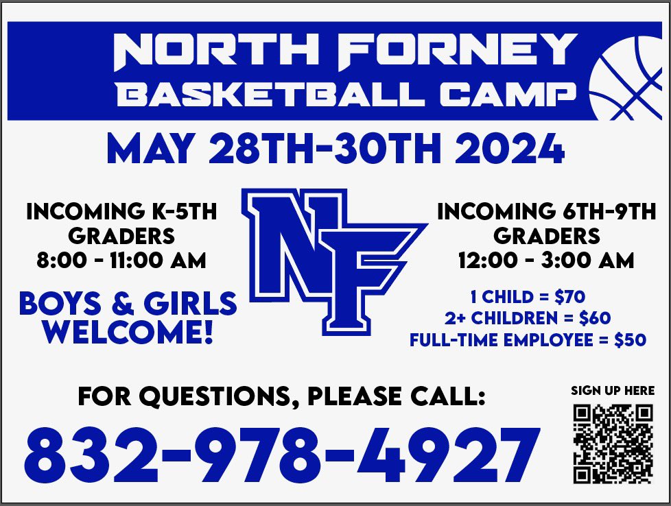 That time of the year!
Get your kiddos signed up ASAP 🏀
@forneyisd 
@ForneyAthletics 
@NFHS_TrueNorth 
@NorthForneyBB 
@NFHSrecruits