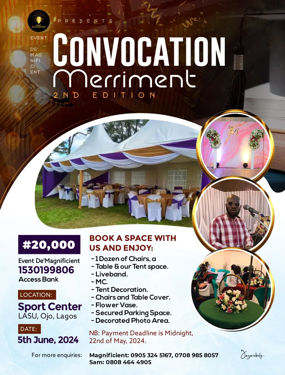 Graduates interested in securing space to entertain their guests on their graduation day can book a space with Event D' Magnificent. They provide amenities like tents, tables and chairs, and even a live band. To learn more, read the design: