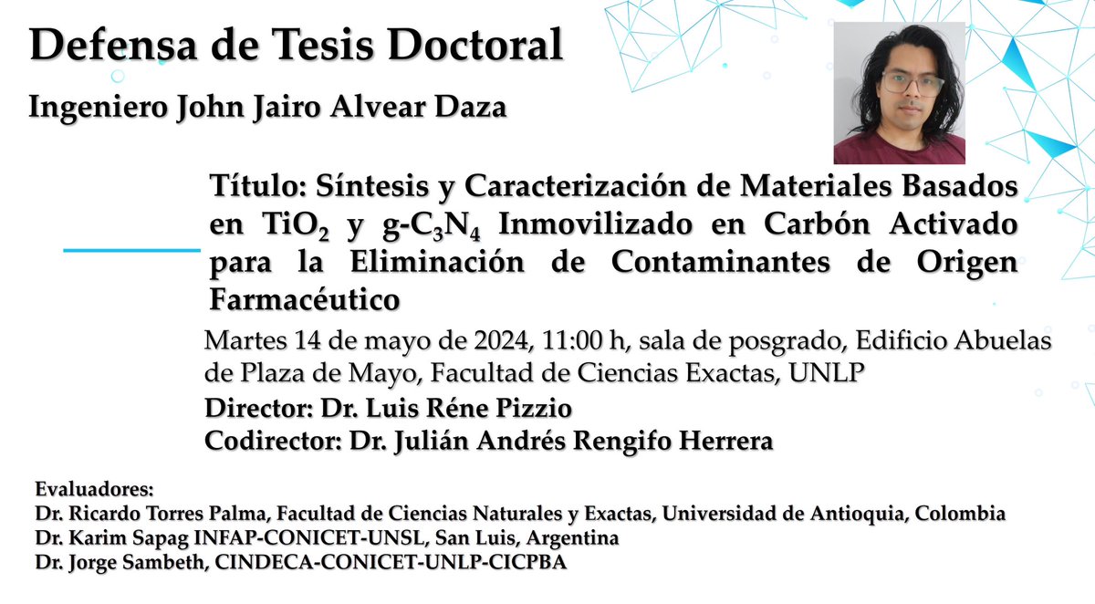 Julian Rengifo (@rengifo_j) on Twitter photo El primer doctor formado en el <a href="/LAPh_oficial/">LAPh</a> <a href="/AlvearDazaJohn/">John J. Alvear-Daza</a> defenderá su tesis el próximo 14 de mayo a las 11:00 h en el aula de posgrado de <a href="/exactas_unlp/">Exactas | UNLP</a> <a href="/unlp/">UNLP</a> Están cordialmente invitados <a href="/CONICETDialoga/">CONICET Dialoga</a> <a href="/CICPBA/">Comisión de Investigaciones Científicas</a> <a href="/LatinXChem/">LatinXChem</a> <a href="/CIPOA_family/">CIPOA</a> <a href="/CatalyzeThis/">Inside Elsevier Catalysis</a> El primer doctor formado en el <a href="/LAPh_oficial/">LAPh</a> <a href="/AlvearDazaJohn/">John J. Alvear-Daza</a> defenderá su tesis el próximo 14 de mayo a las 11:00 h en el aula de posgrado de <a href="/exactas_unlp/">Exactas | UNLP</a> <a href="/unlp/">UNLP</a> Están cordialmente invitados <a href="/CONICETDialoga/">CONICET Dialoga</a> <a href="/CICPBA/">Comisión de Investigaciones Científicas</a> <a href="/LatinXChem/">LatinXChem</a> <a href="/CIPOA_family/">CIPOA</a> <a href="/CatalyzeThis/">Inside Elsevier Catalysis</a>