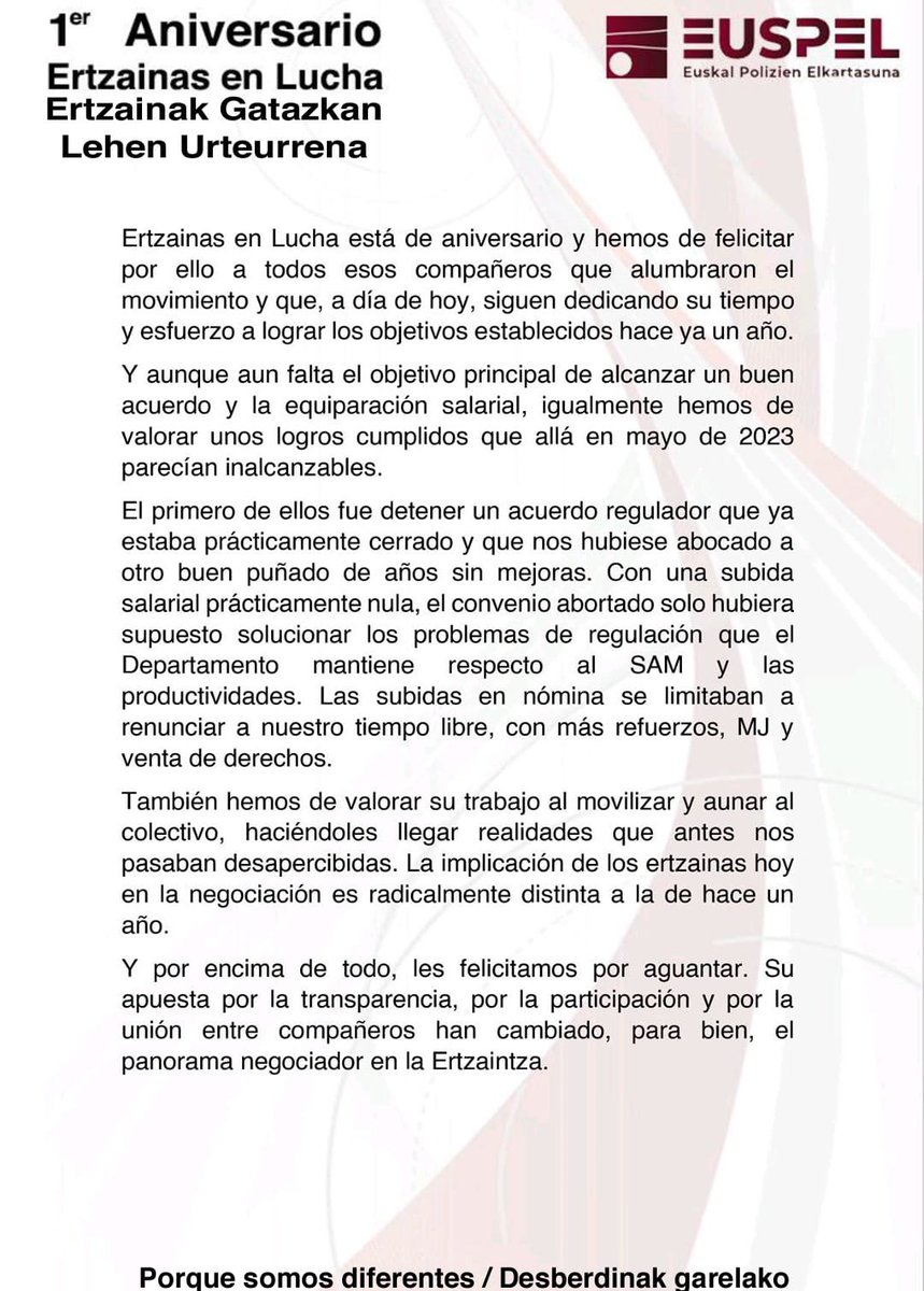 🎂Primer aniversario de la manifestación que cambió todo en el colectivo de la #Ertzaintza. Hoy es el día de volver a decir con orgullo: TODOS SOMOS ERTZAINAS EN LUCHA. FELICIDADES Y GRACIAS COMPAÑEROS de @ertzainas_lucha 🫂