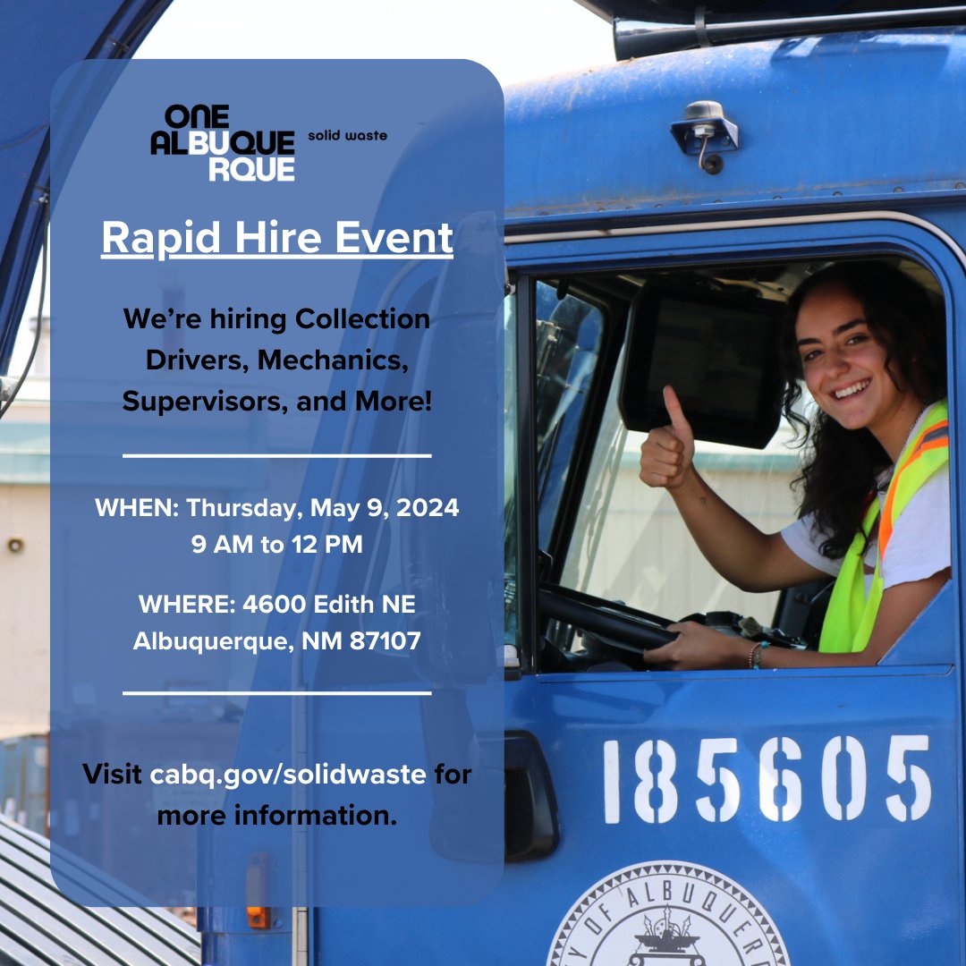 🌟Searching for your next career move? Solid Waste has 74 positions available for immediate hire. Join us at our rapid hire event tomorrow at the Albuquerque Solid Waste Department! ow.ly/s1Ao50RzFqs . . . #OneAlbuquerque #KeepABQBeautiful #SolidWasteDepartment #RapidHire