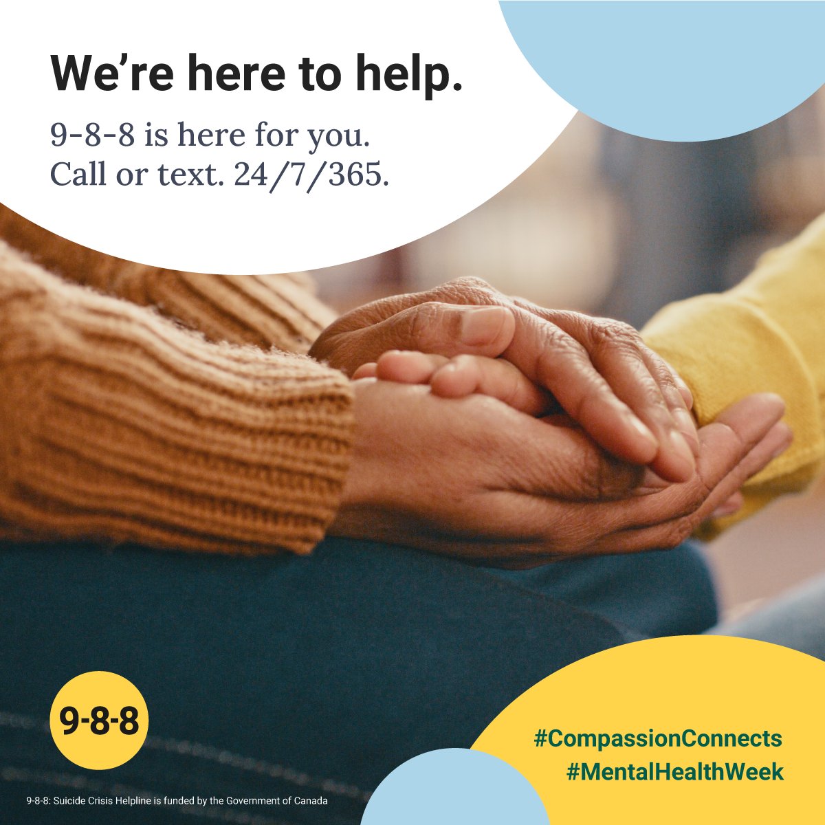 If you or someone you know is struggling, help is available. Reach out for a safe, confidential place to talk or text. #MentalHealthWeek #CompassionConnects