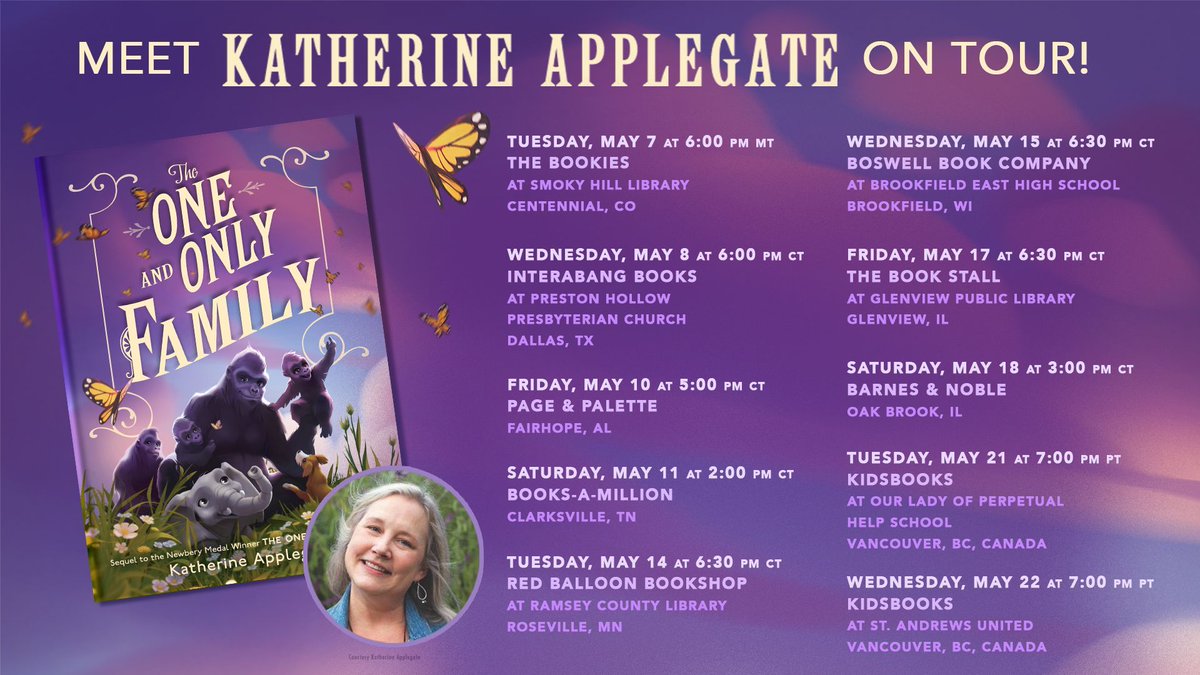 THE ONE AND ONLY FAMILY tour heads north next week! 🦍🦋 Minnesota, join me at Ramsey County Library on 5/14 with @RedBalloonBooks: redballoonbookshop.com/event/katherin… Wisconsin, I'll be at Brookfield East High School on 5/15 with @boswellbooks: eventbrite.com/e/katherine-ap… I can't wait!