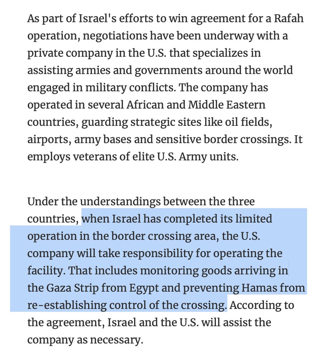 I have a hard time believing Biden & co will sign off on American mercenaries being stationed in Gaza. But the fact it's under consideration shows they think they need *something* there to run the empire but also realize Americans will never accept direct US military involvement.
