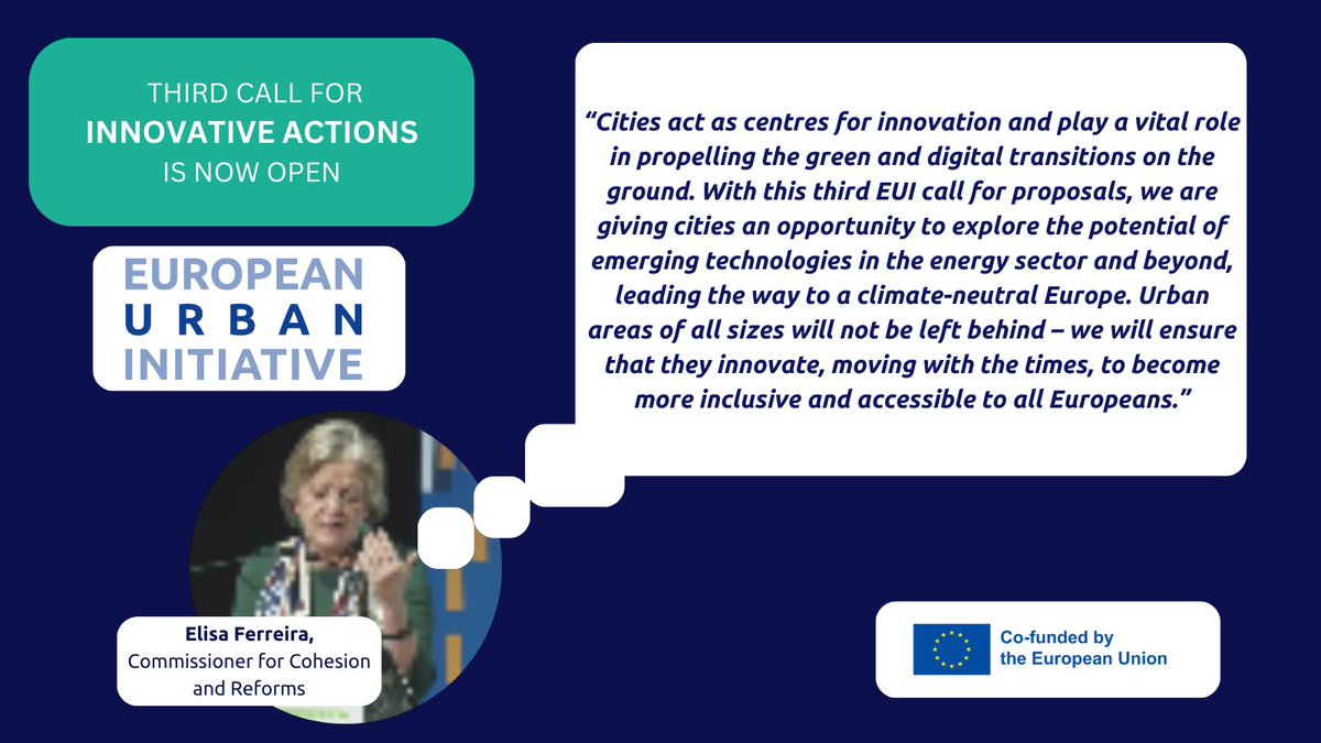 We have launched our third Call for proposals with a substantial budget of €90 million from the European Regional Development Fund. Find all info about the Call for Innovative Actions 👉 urban-initiative.pulse.ly/qngqyrslxp #EUI4yourcity #InnovativeActions @EUinmyRegion my region
