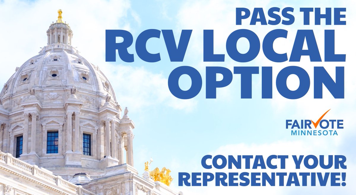 A vote on the RCV Local Option will be scheduled on the House floor soon! In the meantime, there's still time to contact your representative and let them know how much RCV means to you! #mnleg Contact your representative: fairvotemn.org/pass-the-local…