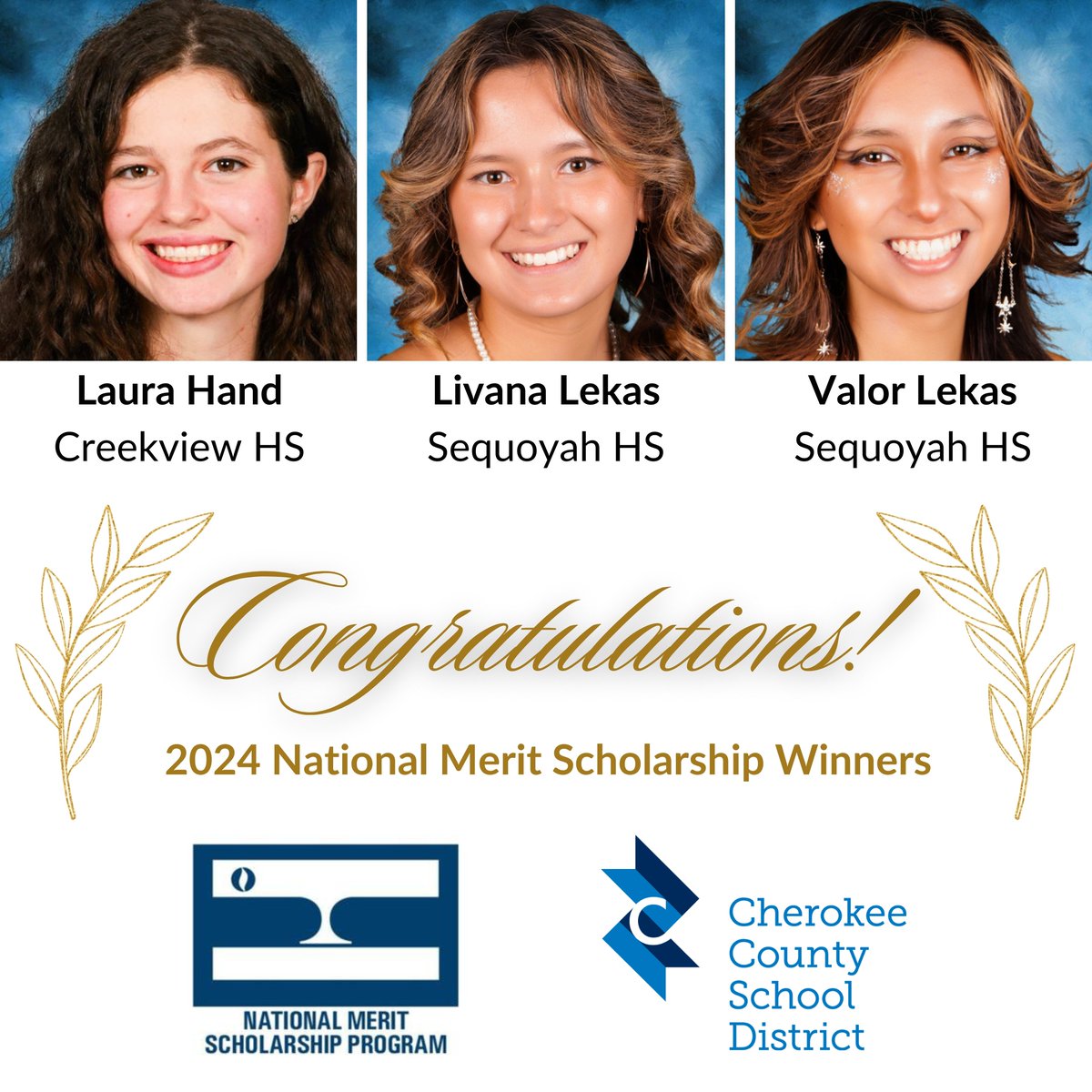 Three CCSD graduating seniors have earned the prestigious 2024 National Merit Scholarship! Laura Hand of Creekview HS and Livana Lekas and Valor Lekas of Sequoyah HS today were honored among the nation's top 2,500 seniors: cherokeek12.net/post-detail/~b… #CCSDfam #2024CCSDgrads