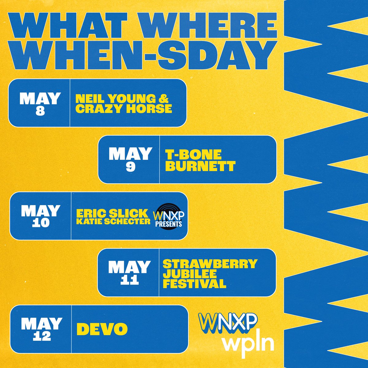 Today's What Where When-sday, we talk this weekend's Strawberry Jubilee Festival, happening Saturday at the Nashville Farmer's Market! Also this week in Nashville: @Neilyoung & Crazy Horse, T-Bone Burnett, WNXP Presents @ericslickmusic, @DEVO and more: wnxp.org/what-where-whe…