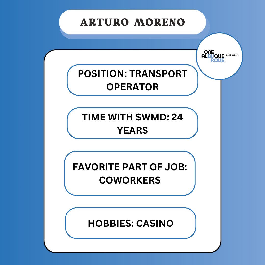 Happy #SolidWasteWednesday everyone! 🌟 Let's take a moment to appreciate the amazing Arturo Moreno, who has dedicated 24 years to the department! . . . #OneAlbuquerque #KeepABQBeautiful #SolidWasteDepartment #EmployeeAppreciation