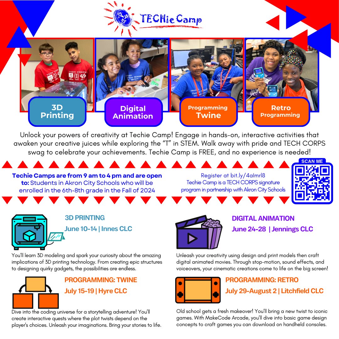 Calling all @akronschools parents! Elevate your child's summer w/ our one-week Techie Camps! We've got it covered from 3D Printing to digital animation, data analytics, and programming. Grades 3-5 register at bit.ly/3Uc8dU2, Grades 6-8 register at bit.ly/4aImrl8