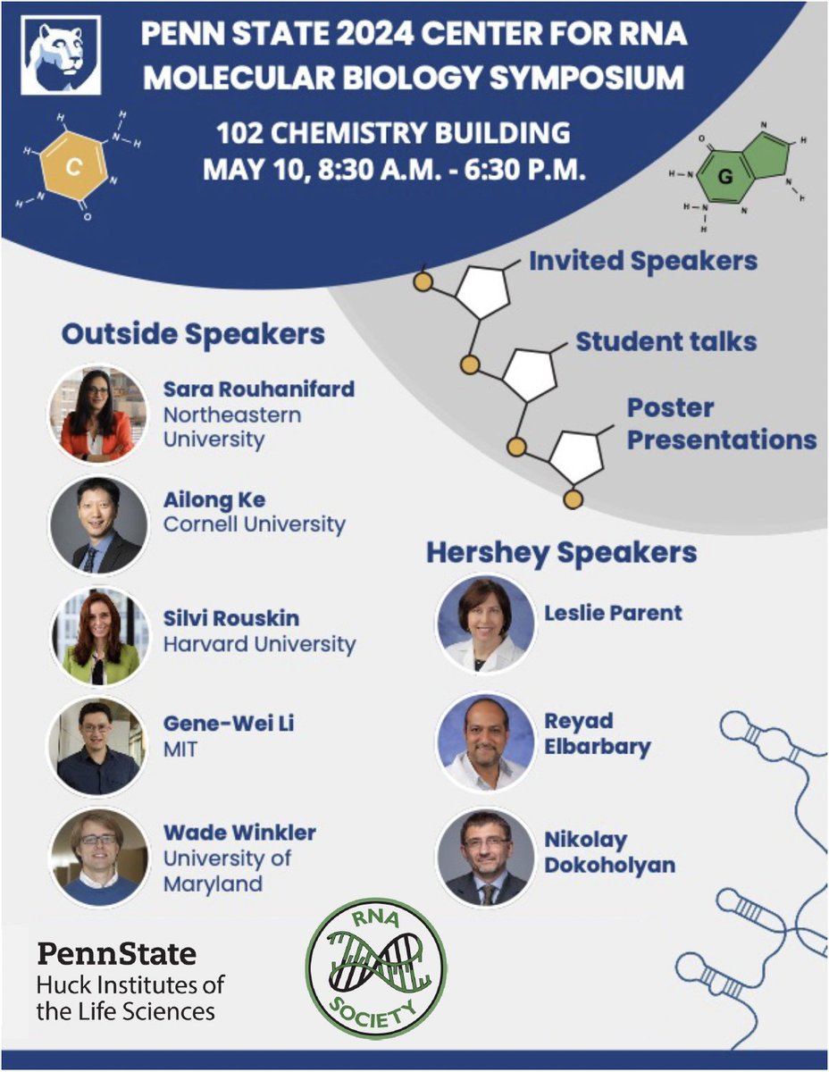 I am delighted to announce the Center for RNA Molecular Biology symposium at Penn State (May 10). Many great speakers.