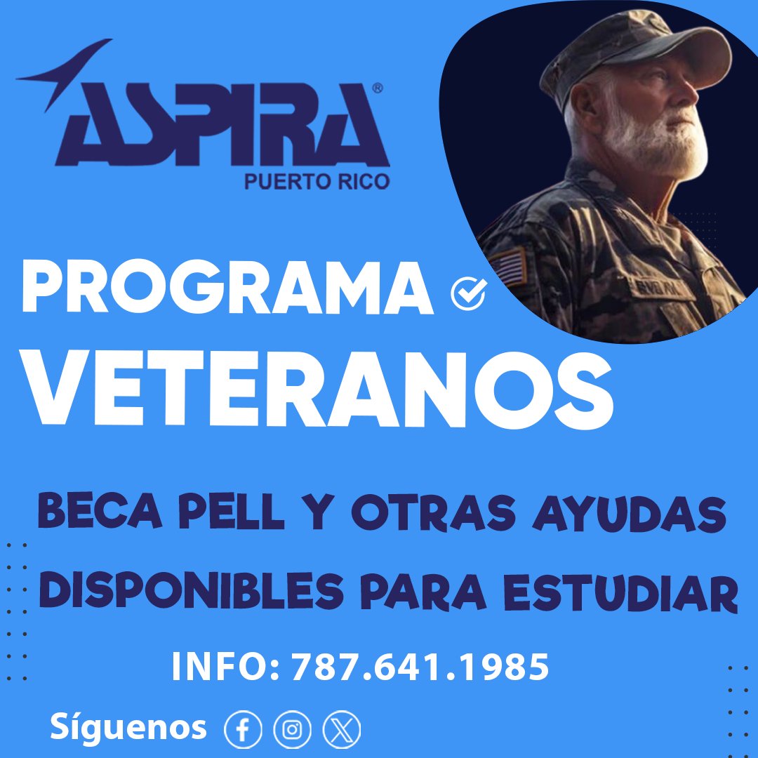 aspiradepr's tweet photo. 🎓 ASPIRA presenta el Programa Upward Bound para Veteranos: ¡Apoyo  académico y acceso a la Beca PELL para nuestros valientes veteranos!  Únete a nosotros en el camino hacia la educación superior.
Contáctanos Oficina Central 787-641-1985 Ext.431
 #ASPIRA  #Veteranos #Educación 🇺🇸 https://t.co/rmqaKH9dSn