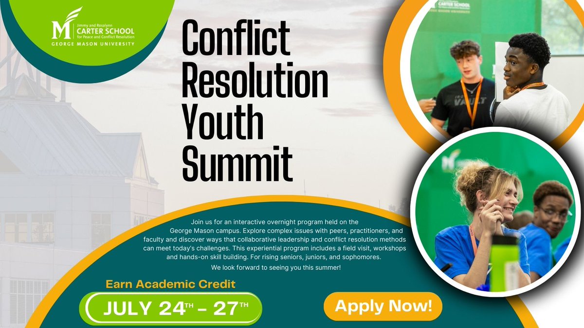 Join us for an unforgettable experience on the GMU Campus, July 24th-27th! Explore complex issues, learn from practitioners & faculty and build valuable skills in collaborative leadership & conflict resolution. Apply now > ow.ly/MXy850QITqS #MasonNation #GMUCarterSchool