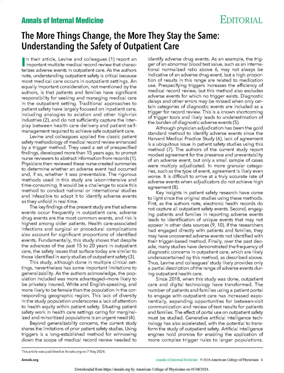 A new editorial discusses findings from an Annals study that holds promise for improving our understanding of outpatient safety: ow.ly/Ep6q50RzFl2