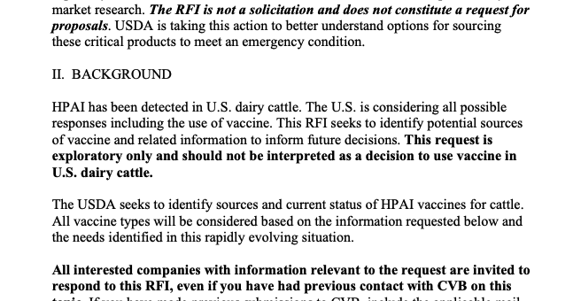 In a notice to vaccine makers, @USDA_APHIS says it is now exploring possibility of sourcing H5N1 shots for cattle 'All vaccine types will be considered based on the information requested below and the needs identified in this rapidly evolving situation' aphis.usda.gov/sites/default/…